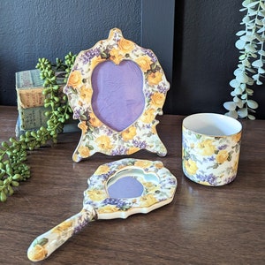 Vintage Ceramic Floral Vanity Set with Frame Mirror and Cup, Vintage Floral Rose Vanity Set, Yellow Rose Vanity Set