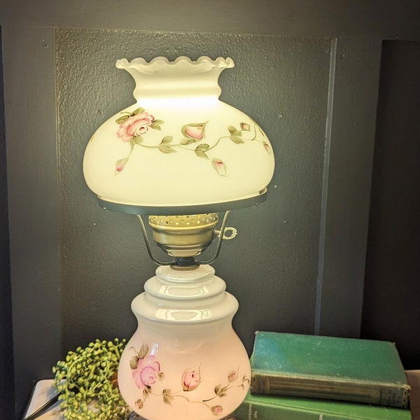 Vintage Hand Painted Rose Milk Glass Vanity Lamp, Vintage 3 Way Rose and Milk Glass Lamp, 18 inch Vintage Lamp