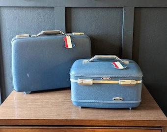 Midcentury American Tourist Train Case and Carry On, Midcentury Luggage Set