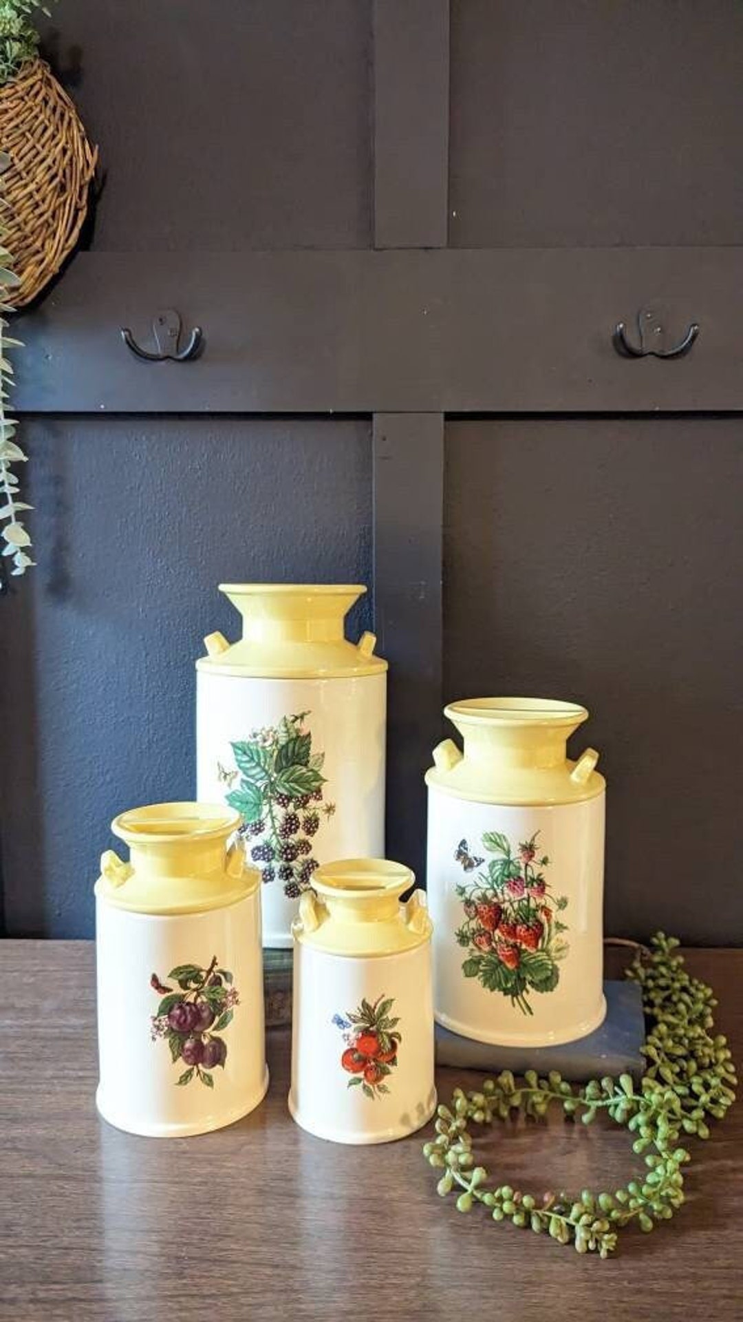 1970's Ceramic Milk Jug Butterfly and Fruit Kitchen Canisters, 1970s ...