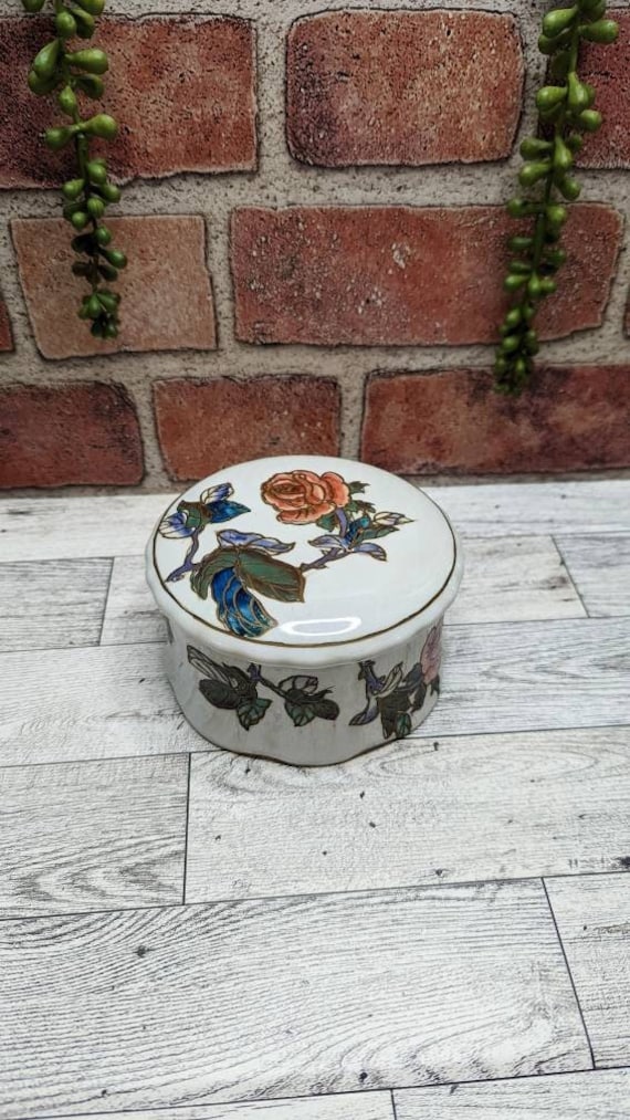 Vintage Ceramic Trinket Box, Vintage Rose Jewelry 