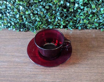 Midcentury Ruby Red Teacup and Saucer, Vintage Colored Glass Teacup and Saucer
