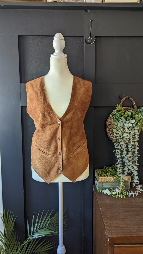 Vintage Brown Suede Leather Snap Button Vest, Trendy … Gem