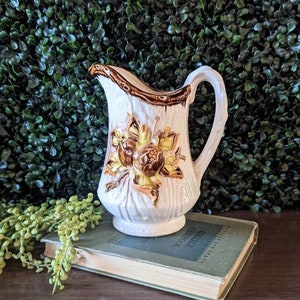1970s Brown and Yellow Floral Stoneware Pitcher, Vintage 70s Stoneware Pitcher, Vintage 70s Kitchen Decor