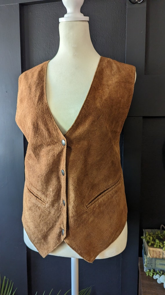 Vintage Brown Suede Leather Snap Button Vest, Trendy … Gem