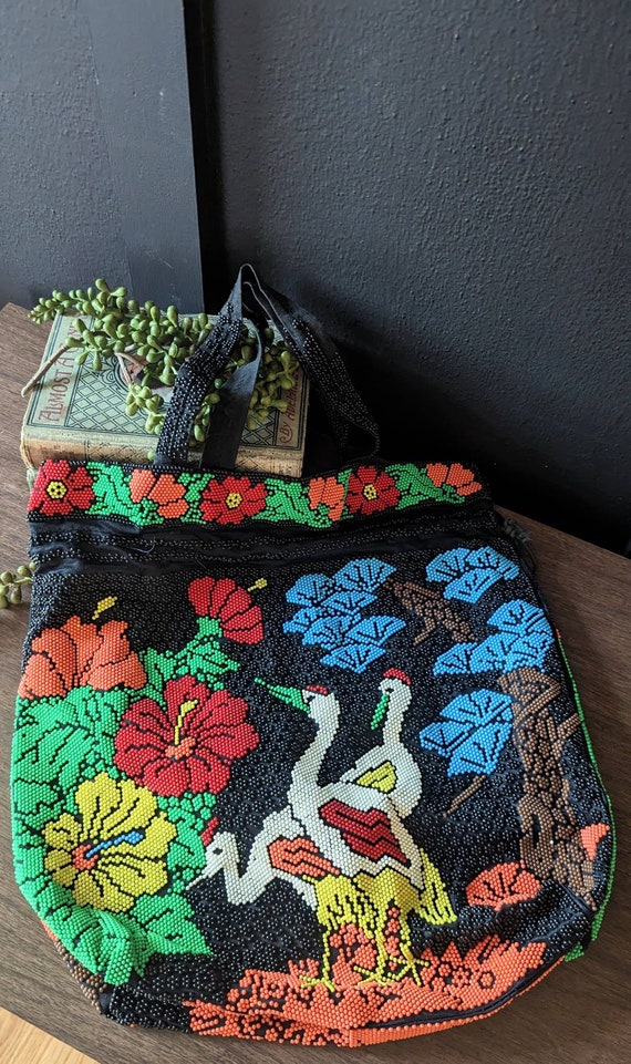 1970s Colorful Beaded Crane Drawstring Market Bag,