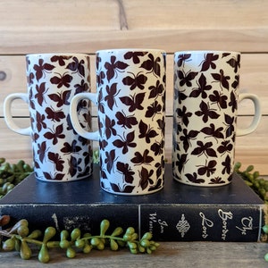 Stoneware Coffee or Tea Mugs With Brown Butterfly Print, Set of 3