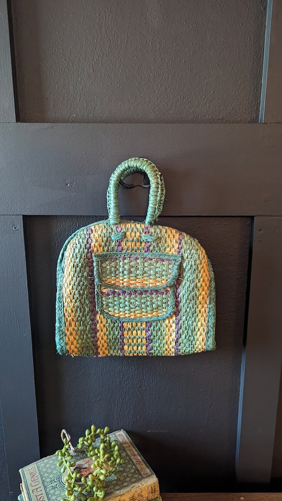 1960's Wicker Rattan Colorful Handbag, Midcentury 