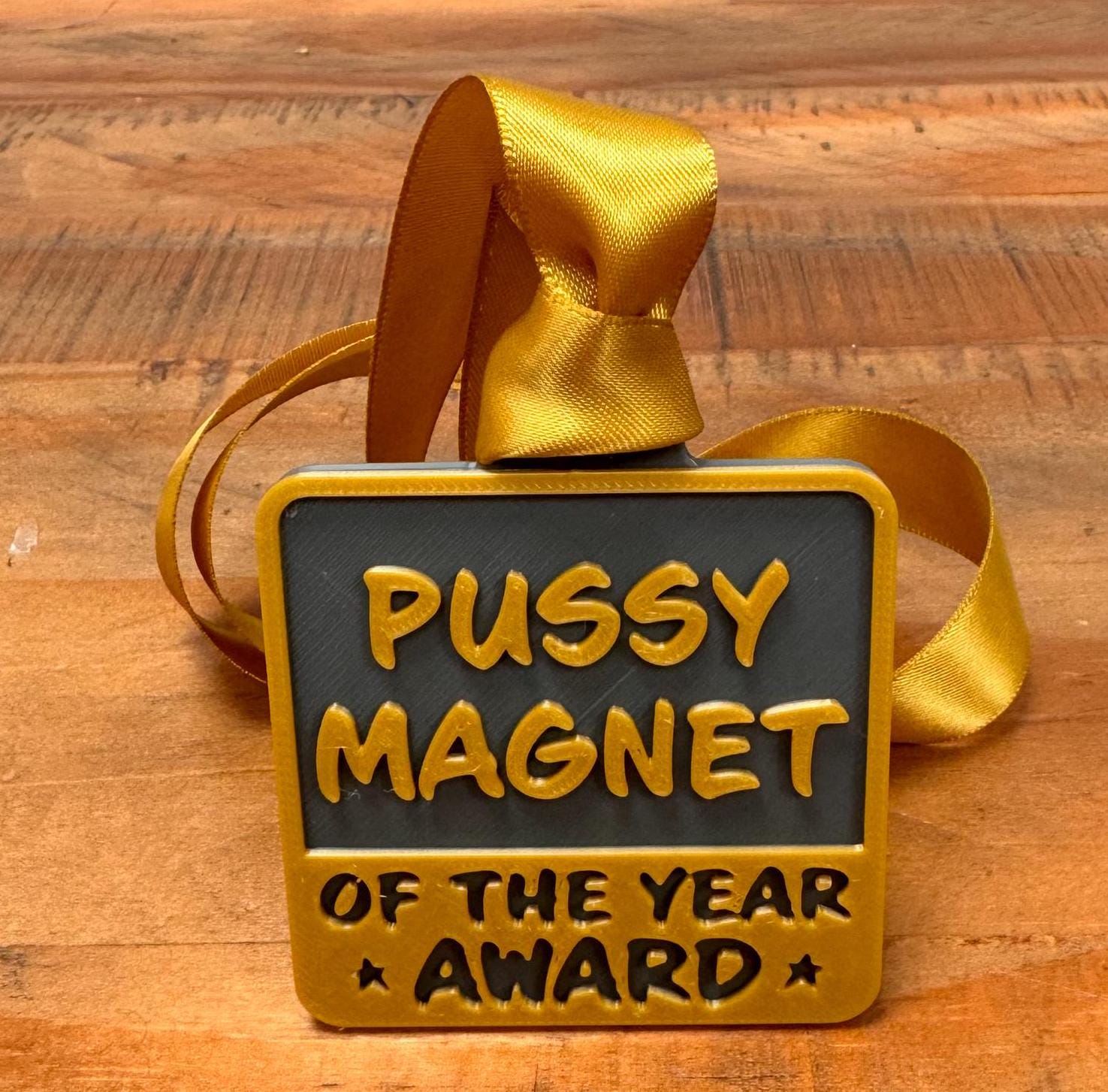 Pussy Magnet - 3D Printed Award Medal - Funny Medal / Award with Gold Ribbon - Fun Gag Gift