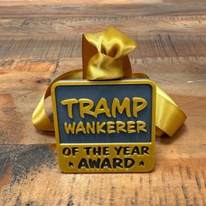 May include: A gold and grey medal with the text "TRAMP WANKERER OF THE YEAR AWARD" on it. The medal is hanging from a gold ribbon.