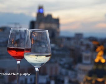 Wine Glasses in Madrid Photo - Spain /Travel Photography Print - Canvas - Kitchen Decor - Wine lovers - Rooftop Sunset - JYRadin Photography