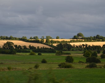 Irish Horizon; Ireland; Green Farmland scenery, Natural colors; stormy sky photo canvas; Scenic Photography Print; Irish Farm Countryside