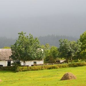 Green and Grey Farmhouse - Ireland; Hay in field scenery in the backcountry, Scenic Travel Photography Print; photo canvas; rural decor
