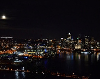 Supermoon over Pittsburgh photo prints --Three River Full Moon; Steel City photographs by JYRadinPhotography