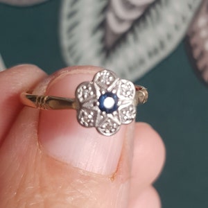 Art Deco 18ct Gold Diamond Sapphire Daisy Cluster Ring - Size L