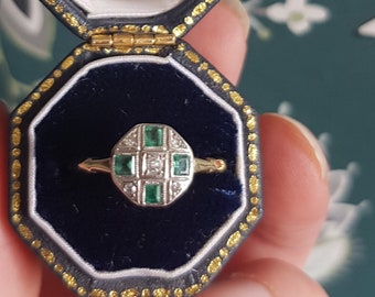 Art Deco 18ct Gold Emerald Diamond Chequerboard Ring - Size M