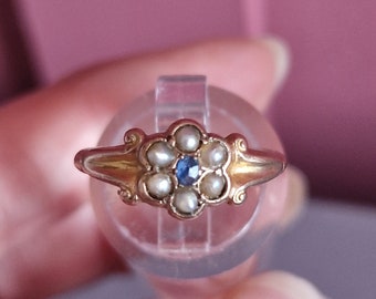 20B Victorian antique 9ct gold sapphire seed pearl daisy ring size K/5.5