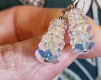 Pendientes colgantes de pétalos de flor de lis de cristal francés de plata de ley art déco 490E