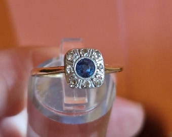 223C stunning Art Deco Square set sapphire & diamond 18ct gold platinum ring size L/6