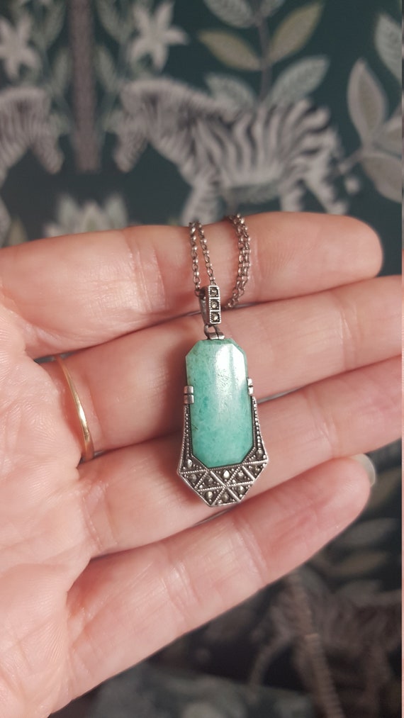 197z silver 830 art deco AVENTURINE pendant + chai