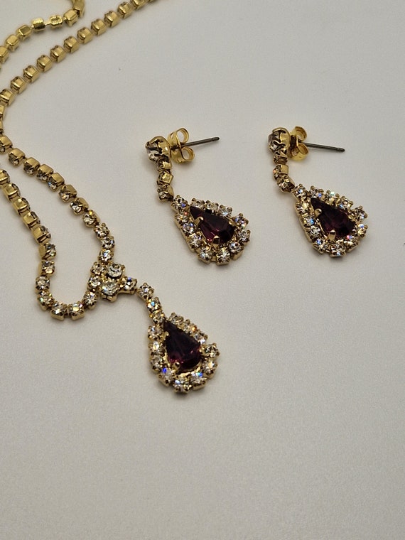 Vintage 1950s gold tone faux amethyst necklace ea… - image 2