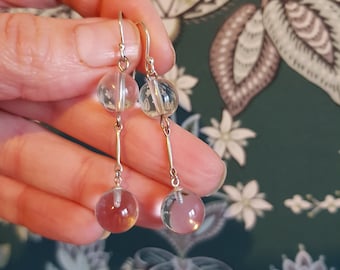 355E circa 1930s art deco pool of light quartz orb silver drop earrings