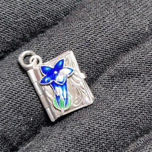 May include: A small, silver-toned charm with a hinged book design. The charm features a blue and white flower with green accents. The flower is set against a silver background with engraved details. A small loop is at the top for attachment.