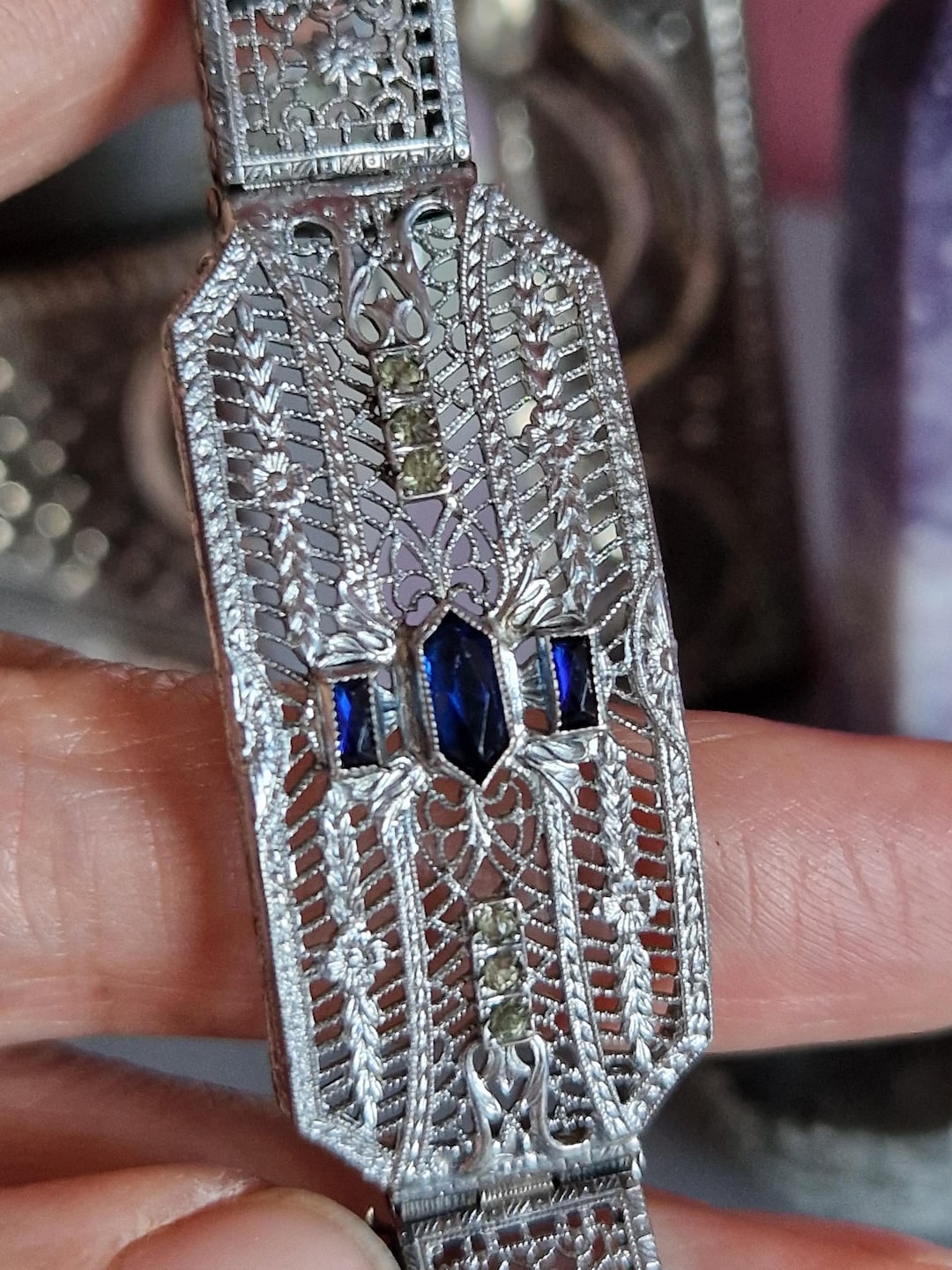 154B 1920s Sterling Silver Blue Paste Filigree Bracelet Art Deco
