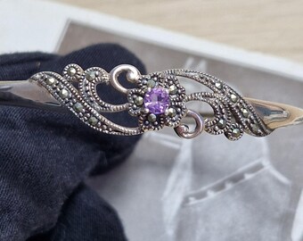 387F Reproduction of a victorian bangle amethyst and marcasite 925 silver vintage copy