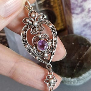 168B Victorian sterling silver amethyst filigree pendant
