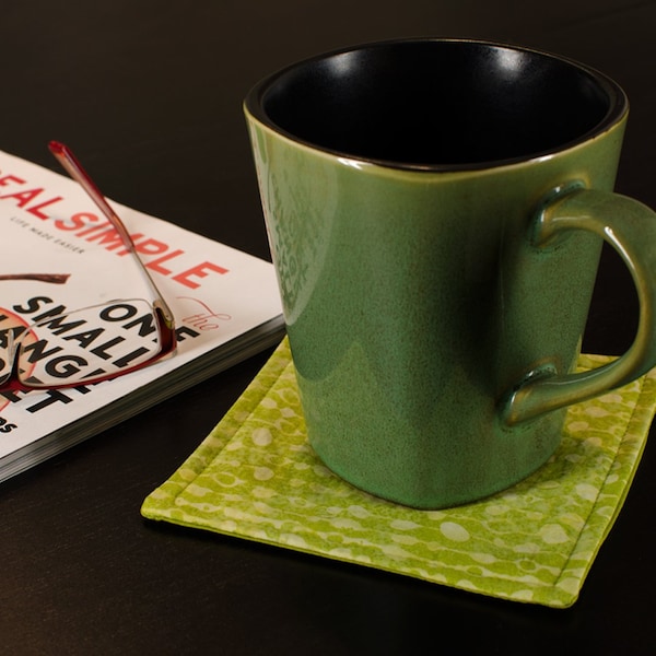 Set of 4 Fabric Coasters - Double Sided Square Batik Mug Mats, Green Cloth Coffee Coasters, Handmade Stocking Stuffer or Housewarming Gift