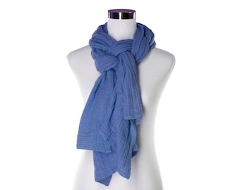 Hand Dyed 100% Cotton Scarf - Soft Periwinkle Double Gauze Wrap Scarf - Natural Cotton Shawl - Large All Season Scarf - Gifts for Her