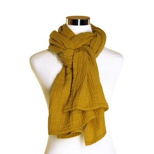 Hand Dyed 100% Cotton Scarf - Dark Mustard Yellow Wrap Scarf - Boho Woman&#39;s Shawl - Long Fall Winter Crinkle Gauze Scarves for Women and Men