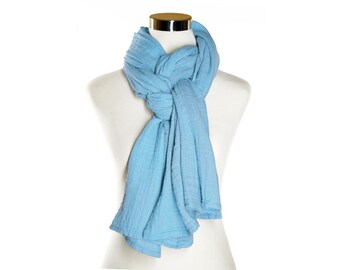 Bufanda 100% algodón teñida a mano - Bufanda de gasa doble azul cielo - Chal azul claro - Chal ligero de verano para mujer - Bufanda para todas las estaciones
