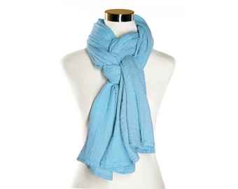 Hand Dyed 100% Cotton Scarf - Sky Blue Double Gauze Scarf - Light Blue Cozy Wrap - Lightweight Summer Shawl for Women - All Season Scarf
