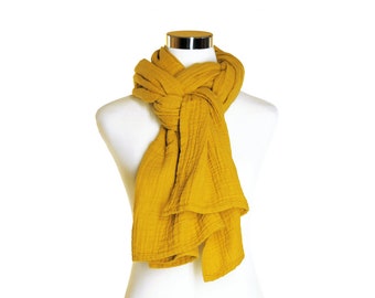 Hand Dyed 100% Cotton Scarf - Light Mustard Yellow Double Gauze Wrap Scarf - Boho Woman's Shawl - Long Fall Winter Scarf - Best Fall Scarves