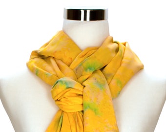 Batik Rayon Scarf - 20 X 85 - Wide and Long Fashion Scarves - Soft and Smooth Watercolor Print Wrap - Drapey Fabric Headscarf - Sunny Yellow