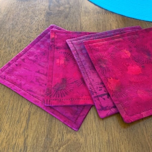 Bright Pink Fabric Coasters - Absorbent Square Batik Mug Mats, Reversible Fuchsia Coasters, Best Valentine&#39;s Day & Mother&#39;s Day Gifts