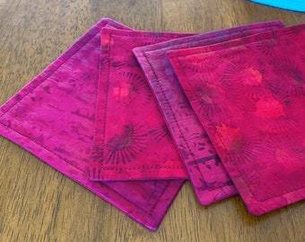 Bright Pink Fabric Coasters - Absorbent Square Batik Mug Mats, Reversible Fuchsia Coasters, Best Valentine's Day & Mother's Day Gifts