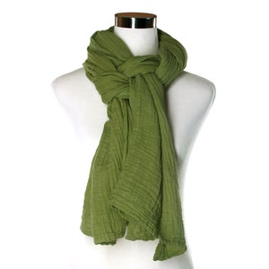 Cotton Scarf - Long Fern Green Wrap for Women, Natural Cotton Double Gauze Shawl, Hand-dyed Fall Winter Boho Scarves, Handmade Scarf Gift