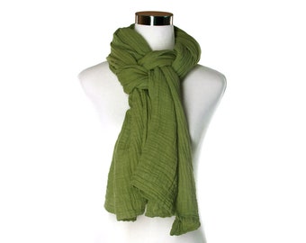 Cotton Scarf - Long Fern Green Wrap for Women, Natural Cotton Double Gauze Shawl, Hand-dyed Fall Winter Boho Scarves, Handmade Scarf Gift