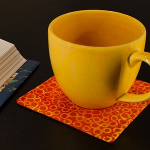 Set of 4 Fabric Coasters - Double Sided Square Batik Mug Mats, Orange & Yellow Cloth Drink Coasters, Colorful Housewarming Gift, Fall Decor