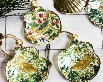 Luxurious Green & Gold Hanging Shell Ornaments: William Morris Strawberry Thief Christmas Tree Ornaments