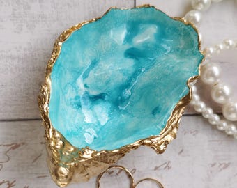 Oyster Shell Trinket Dish in Turquoise & Gold