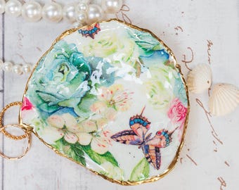 Dorset Oyster Shell Trinket Dish with Blue Roses & Butterfly