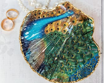 Peacock Scallop Shell Trinket Dish or Decorative Bowl