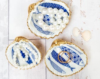 Mini Seashell Ring Dishes with Quirky Blue Fishes, Handmade from Cockle Shells