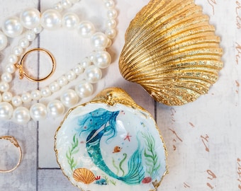 Mermaid Cockle Shell Ring Bowls in Teal, White & Gold: Mini Trinket Dishes