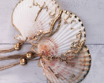 Gilded Sea Worn Scallop Shell Decorations, Gold Edged Christmas or Wedding Hanging Ornaments