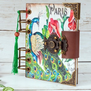 A6 style vintage paons carnet d'écriture cartonné rechargeable en bois | Reliure à anneaux A6 à couverture rigide | Cahier de notes bohème chic fête des mères